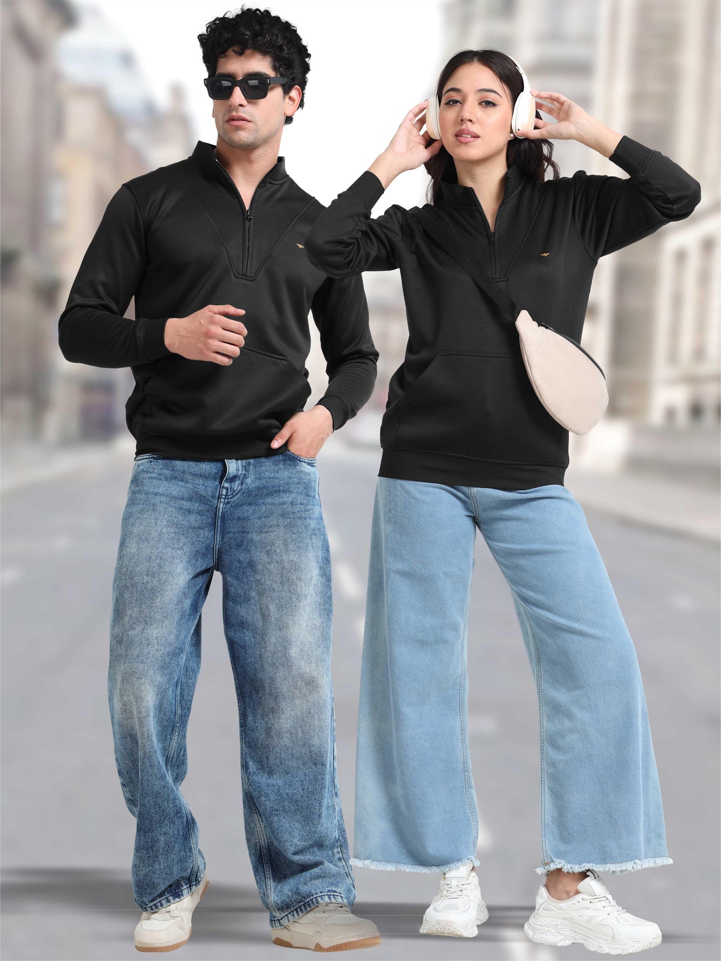 Unisex Half Zipper Sweatshirts - Black | Regular Fit | Feather Touch Feel | Warm |