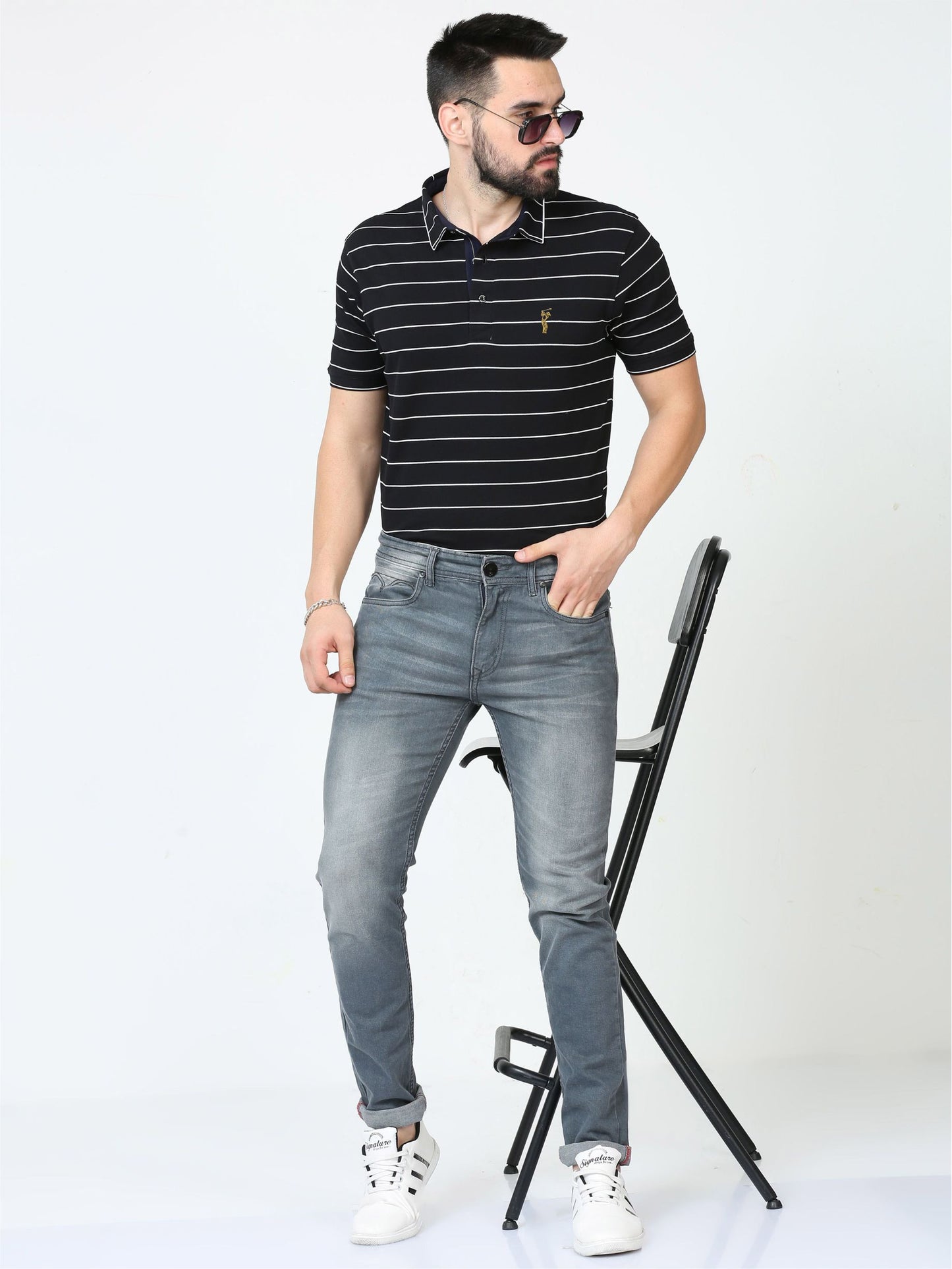 Black Striped Polo T Shirt for Men