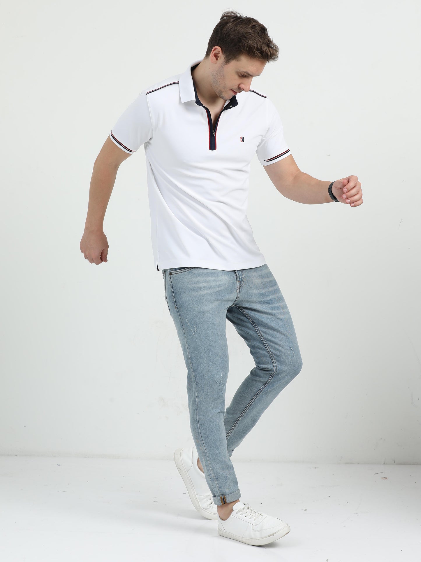 White Men's Zipper Placket Polo T-Shirt | Quick Dry | Stretchable | UV Protected | Wrinkle & Odour-Free