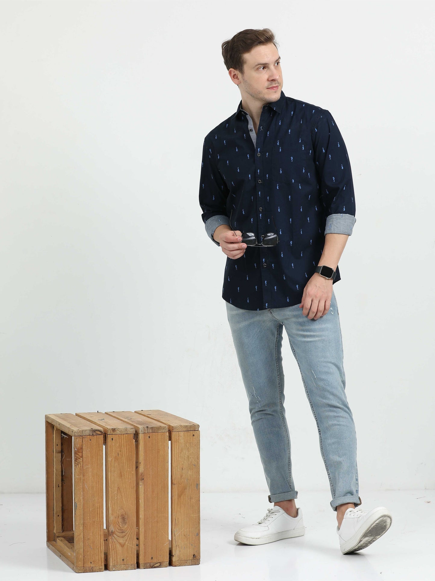 Navy Blue Printed Casual Shirt for Men