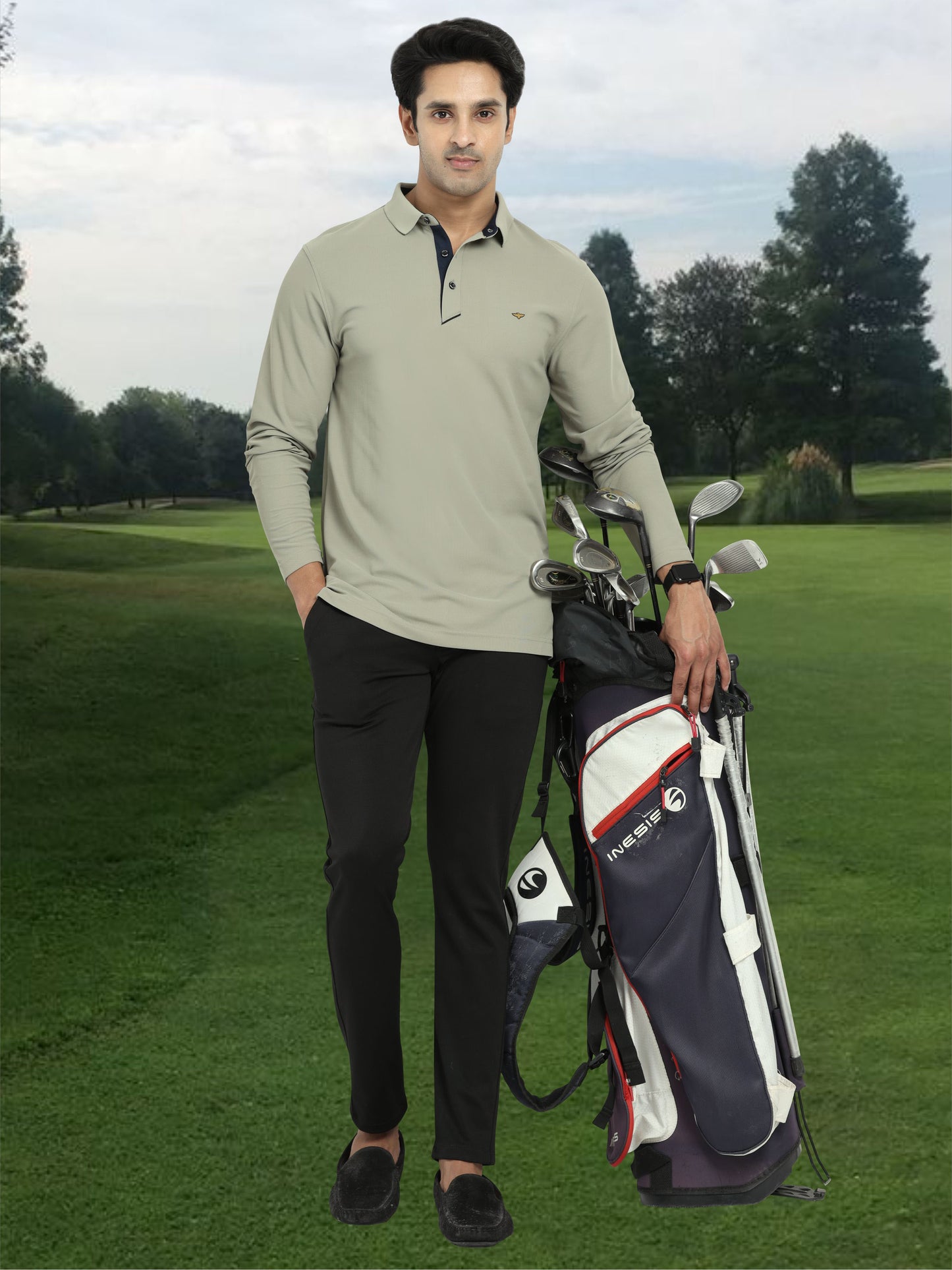 Men's Moose Grey Full Sleeve Polo T-Shirt