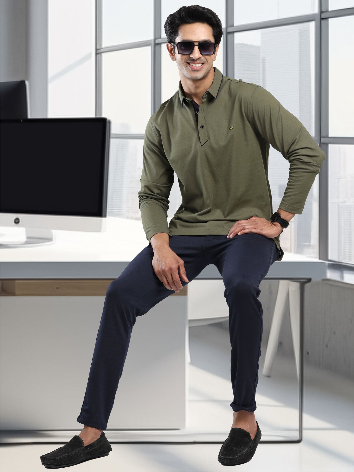 Men's Full Sleeve Soft Berry PQ Polo T-Shirt- Olive Green