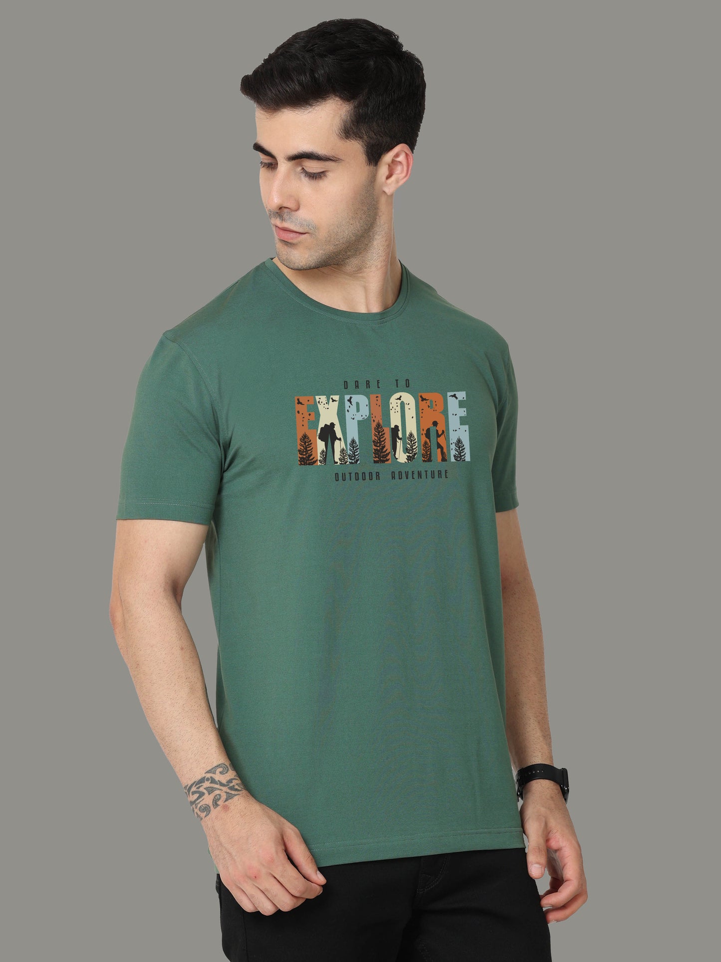 Aqua Green EXPLORE Print Men's Round Neck T Shirts