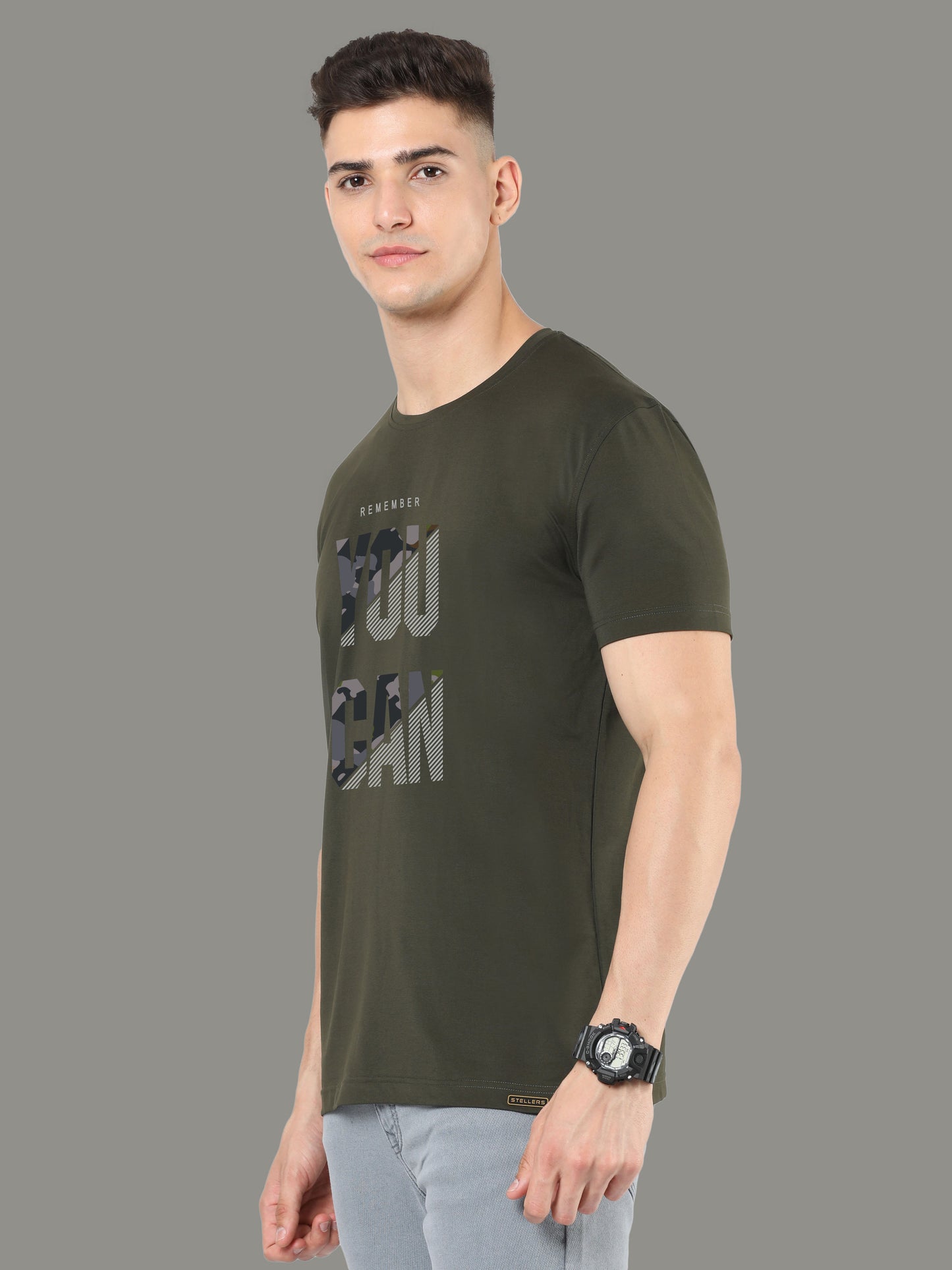 Olive Green Print Men’s Round Neck T Shirts
