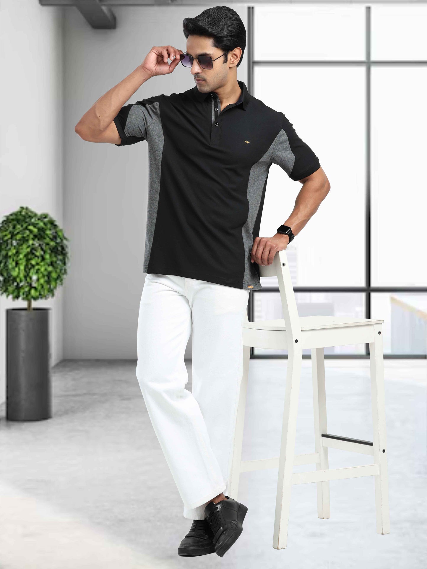 Men's Black Color Block Polo T-Shirt | Wrinkle-Free | Quick Dry | Stretchable | Odour-Free | UV Protected