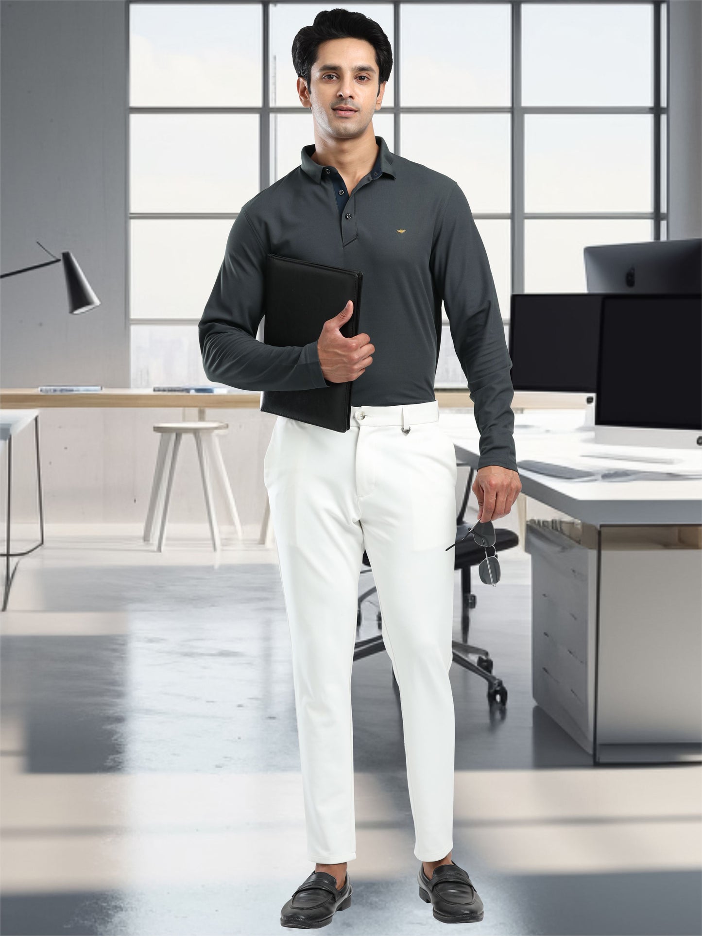 Men's Dark Grey Full Sleeve Polo T-Shirt