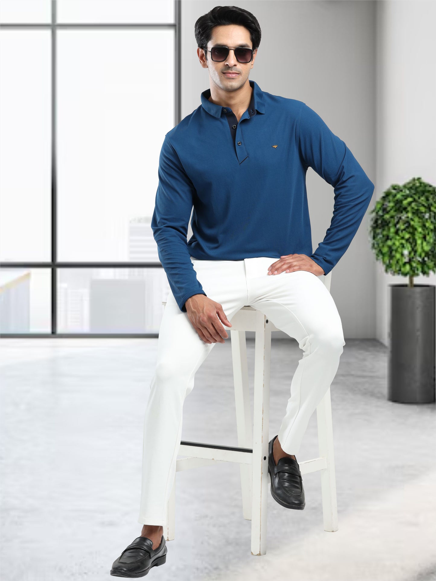 Men's Teal Blue Full Sleeve Polo T-Shirt