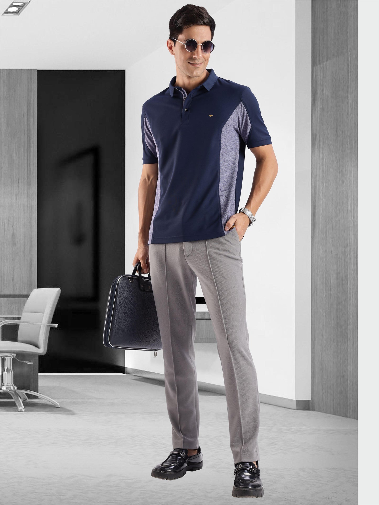 Men's Navy Blue Color Block Polo T-Shirt | Wrinkle-Free | Quick Dry | Stretchable | Odour-Free | UV Protected