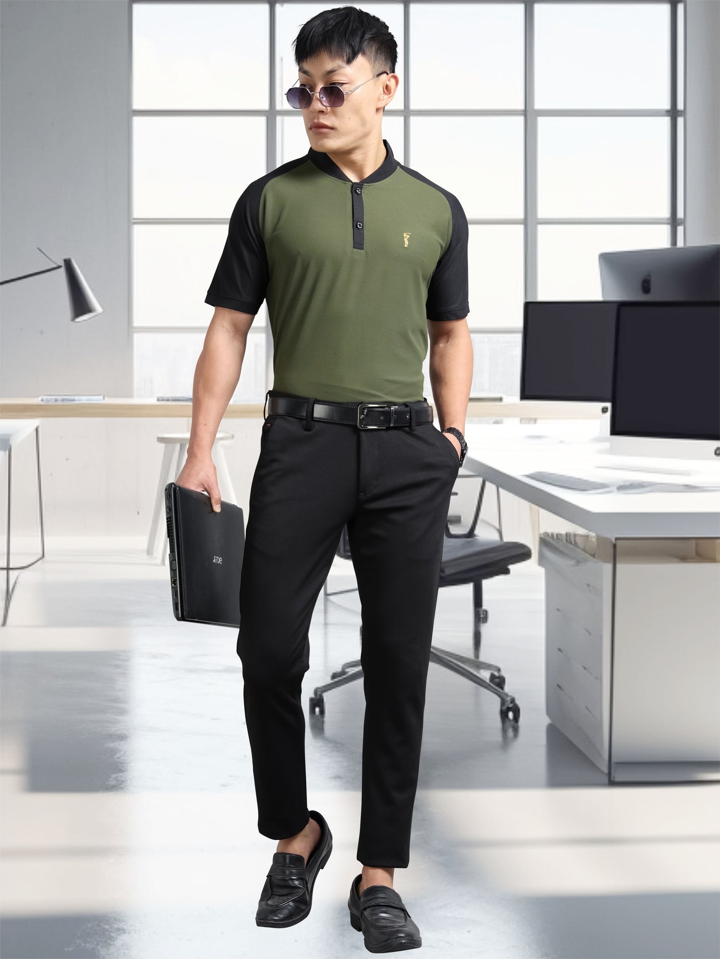 Men’s Olive Green Chinese Collar Polo T-shirt – Raglan Sleeves | Wrinkle-Free | Quick Dry | Odour-Free | Stretchable | UV Protected