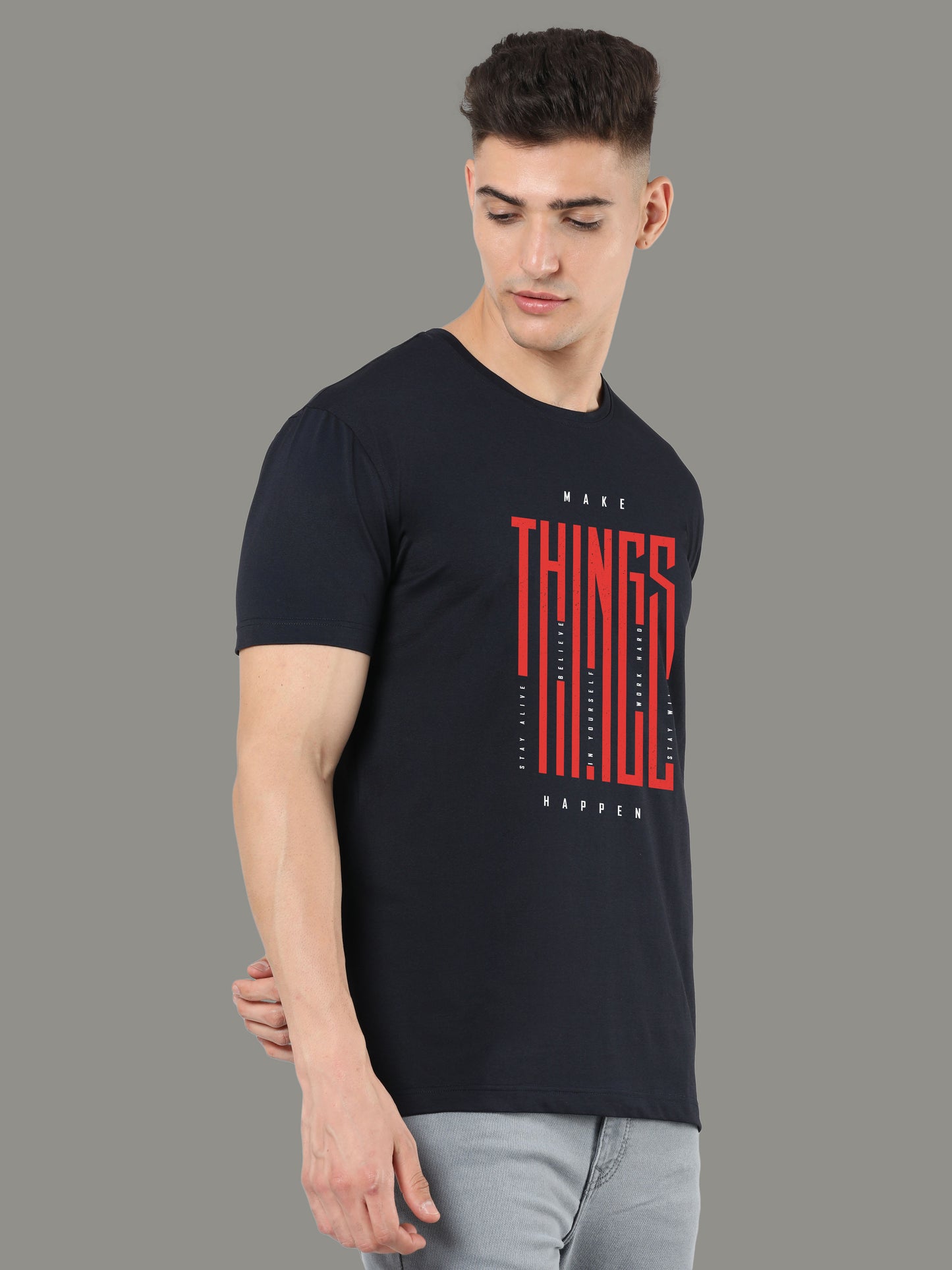 Black Mens Printed Round Neck T Shirts