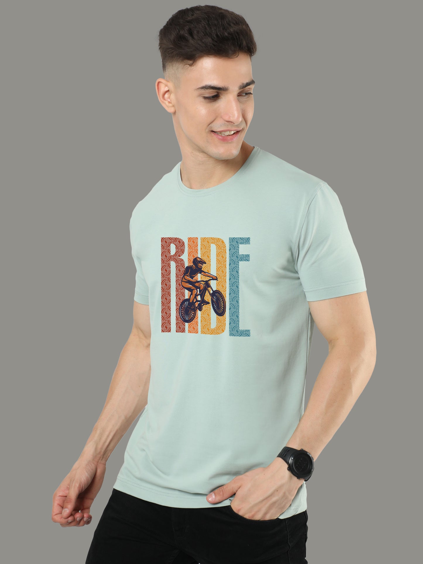 Ocean Green Ride Print Men’s Round Neck T Shirts