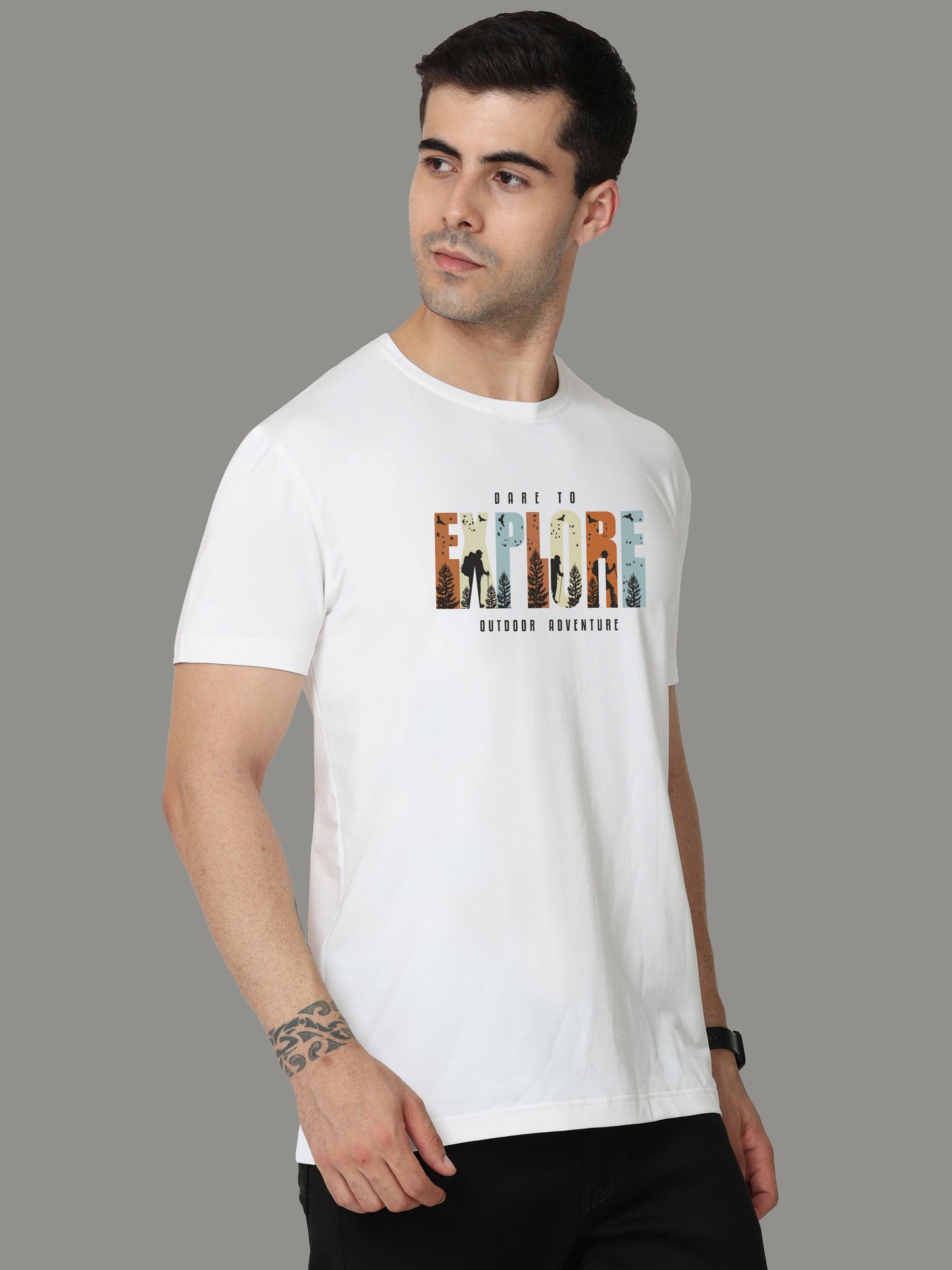 White "EXPLORE" Print Men’s Crew Neck T Shirt