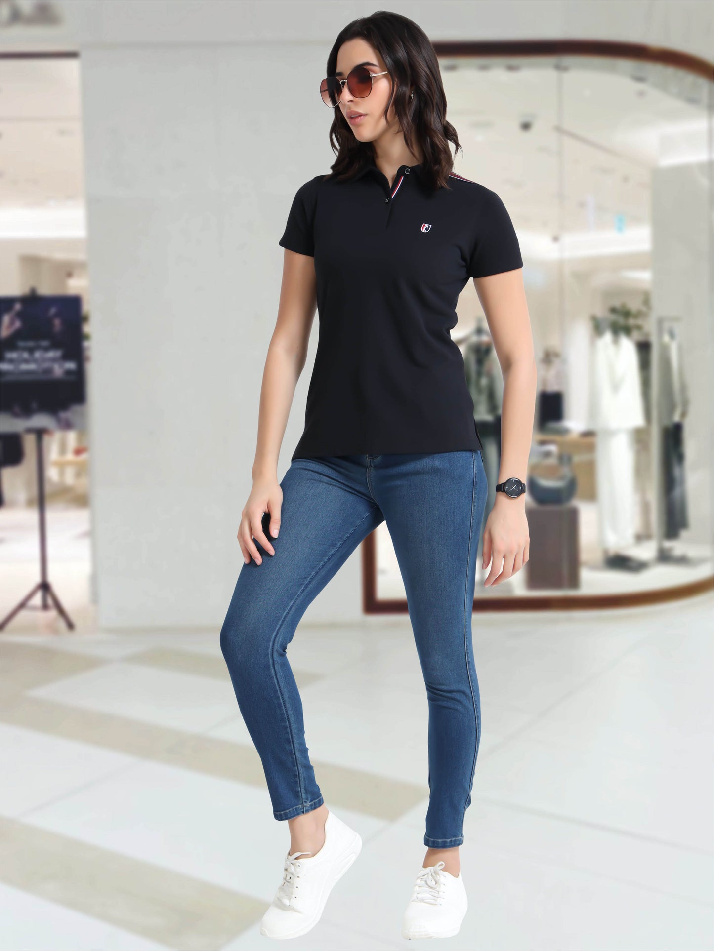 Women Black Regular Fit Polo T-shirt | Premium Cotton | Stretchable | Feather touch feel | Sustainable | Breathable | Light Weight
