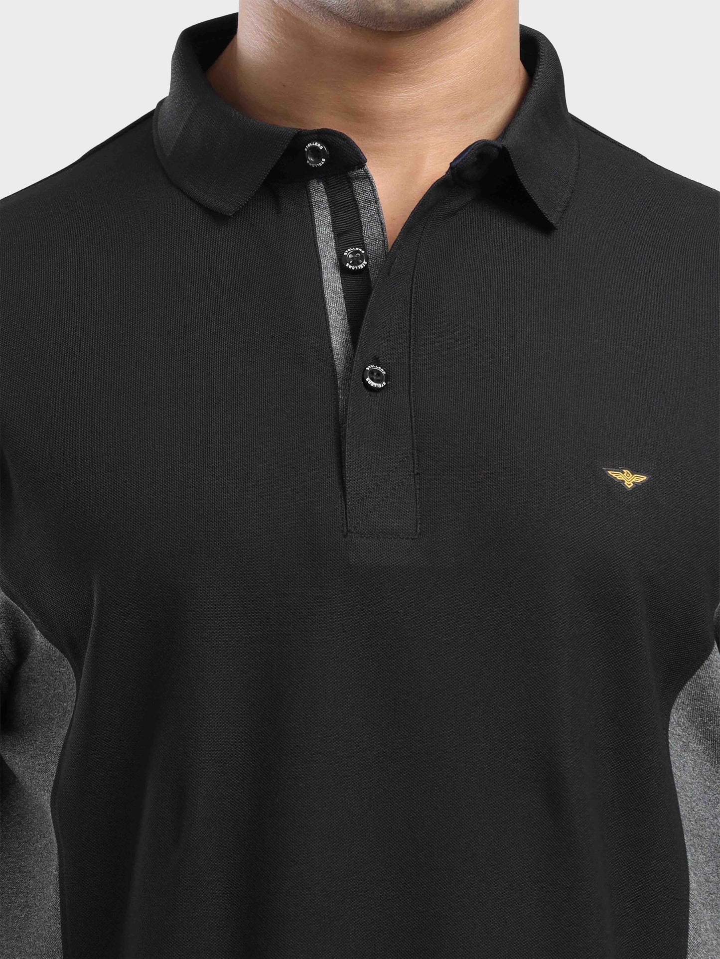Men's Black Color Block Polo T-Shirt | Wrinkle-Free | Quick Dry | Stretchable | Odour-Free | UV Protected