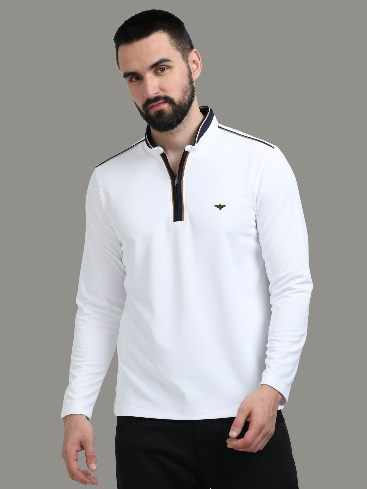 White Henley Men's Full Sleeve Zipper T Shirt