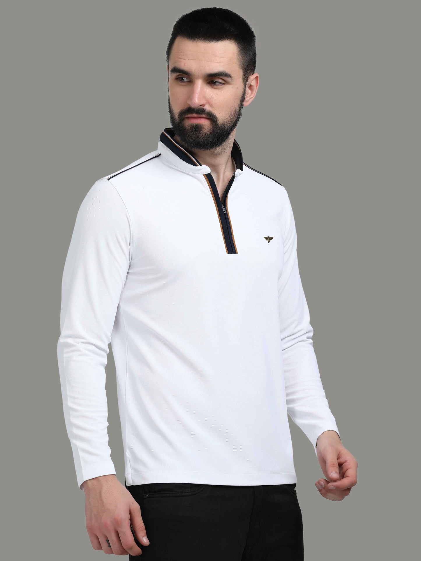 White Henley Men's Full Sleeve Zipper T Shirt