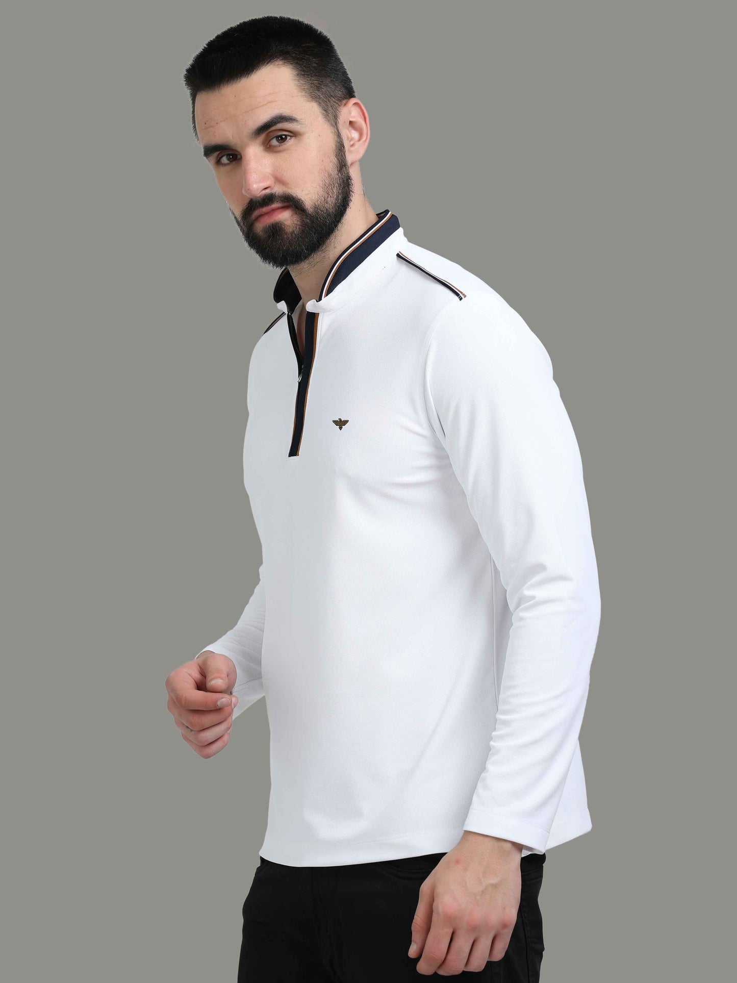 White Henley Men's Full Sleeve Zipper T Shirt