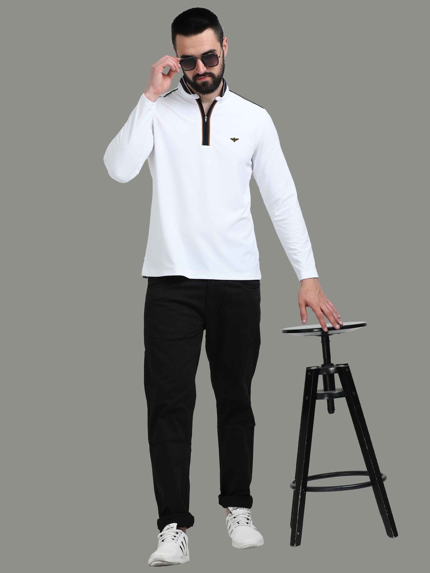 White Henley Men's Full Sleeve Zipper T Shirt