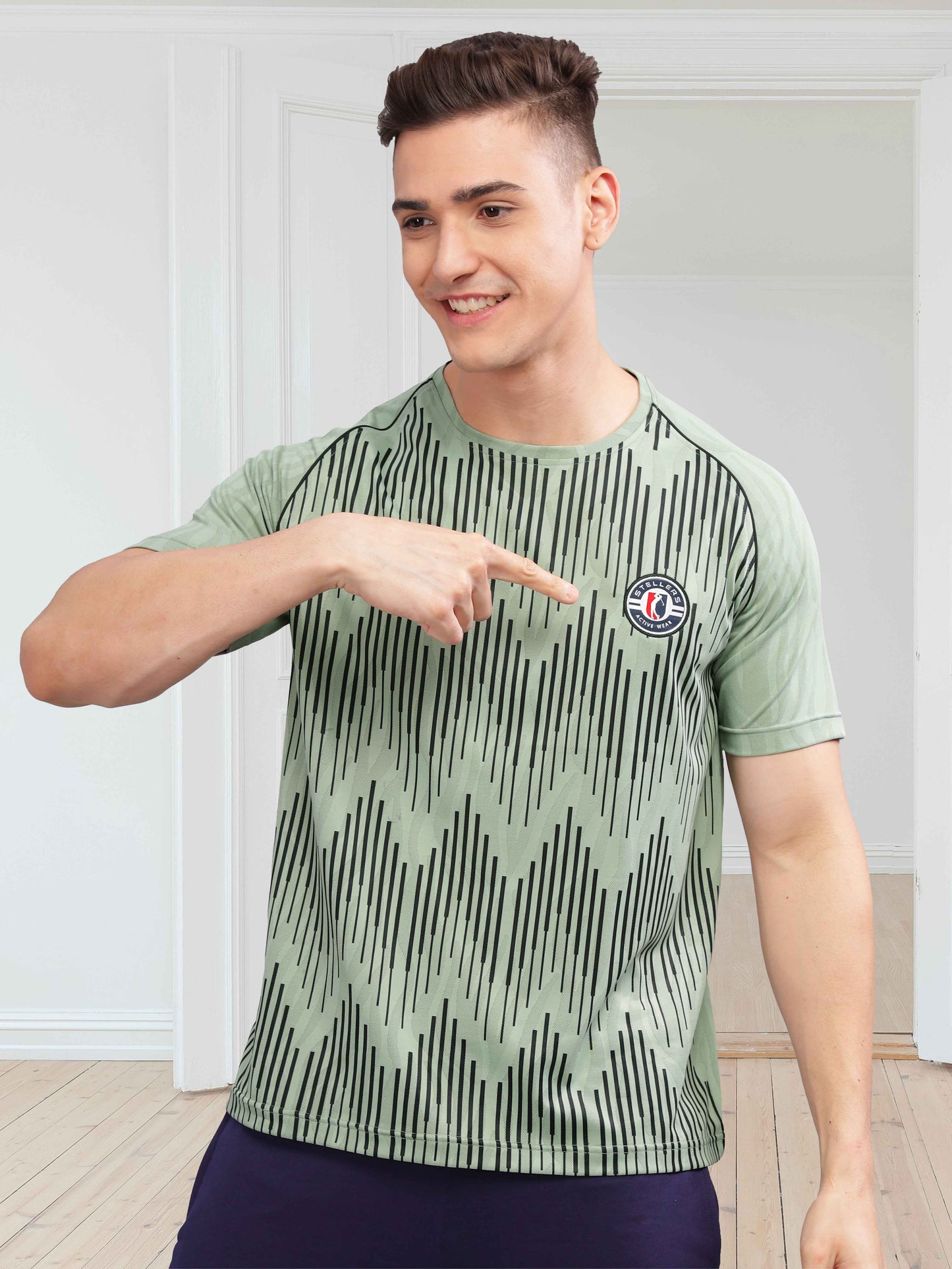 Misty Green Printed Active Round Neck T Shirts for Men
