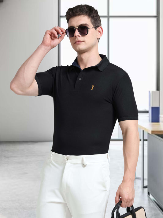 Men Black Premium Golf Polo T-Shirt | Quick Dry | Stretchable | UV Protected | Wrinkle & Odour-Free