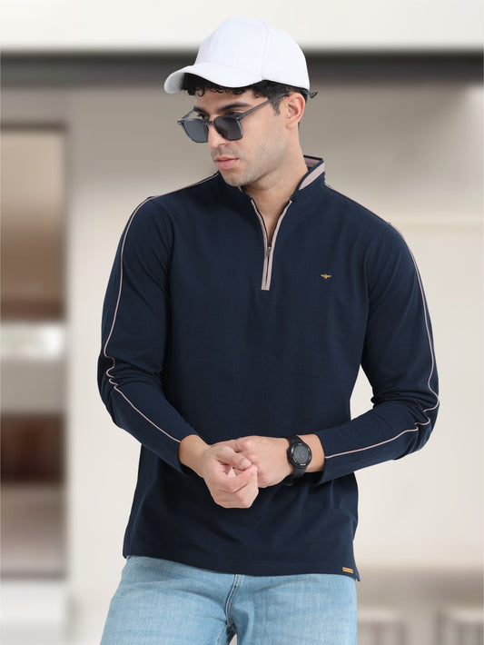 Navy Blue Full Sleeve Polo T Shirt for Men