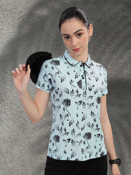Ice Blue Women's Printed Polo T Shirt