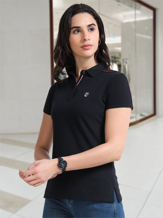 Women Black Regular Fit Polo T-shirt | Premium Cotton  | Stretchable   |  Feather touch feel  |  Sustainable  |  Breathable | Light Weight