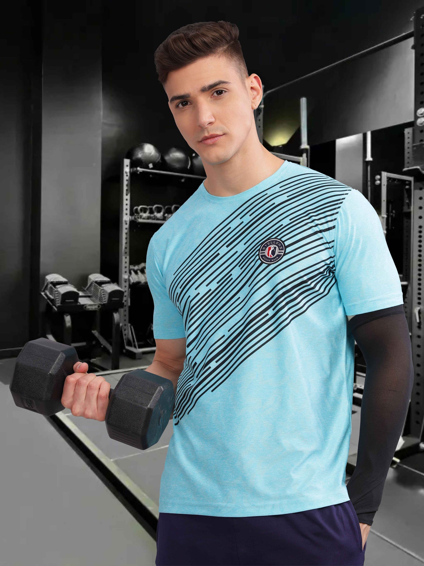 Turquoise Mens Printed Round Neck Active Wear T-Shirt