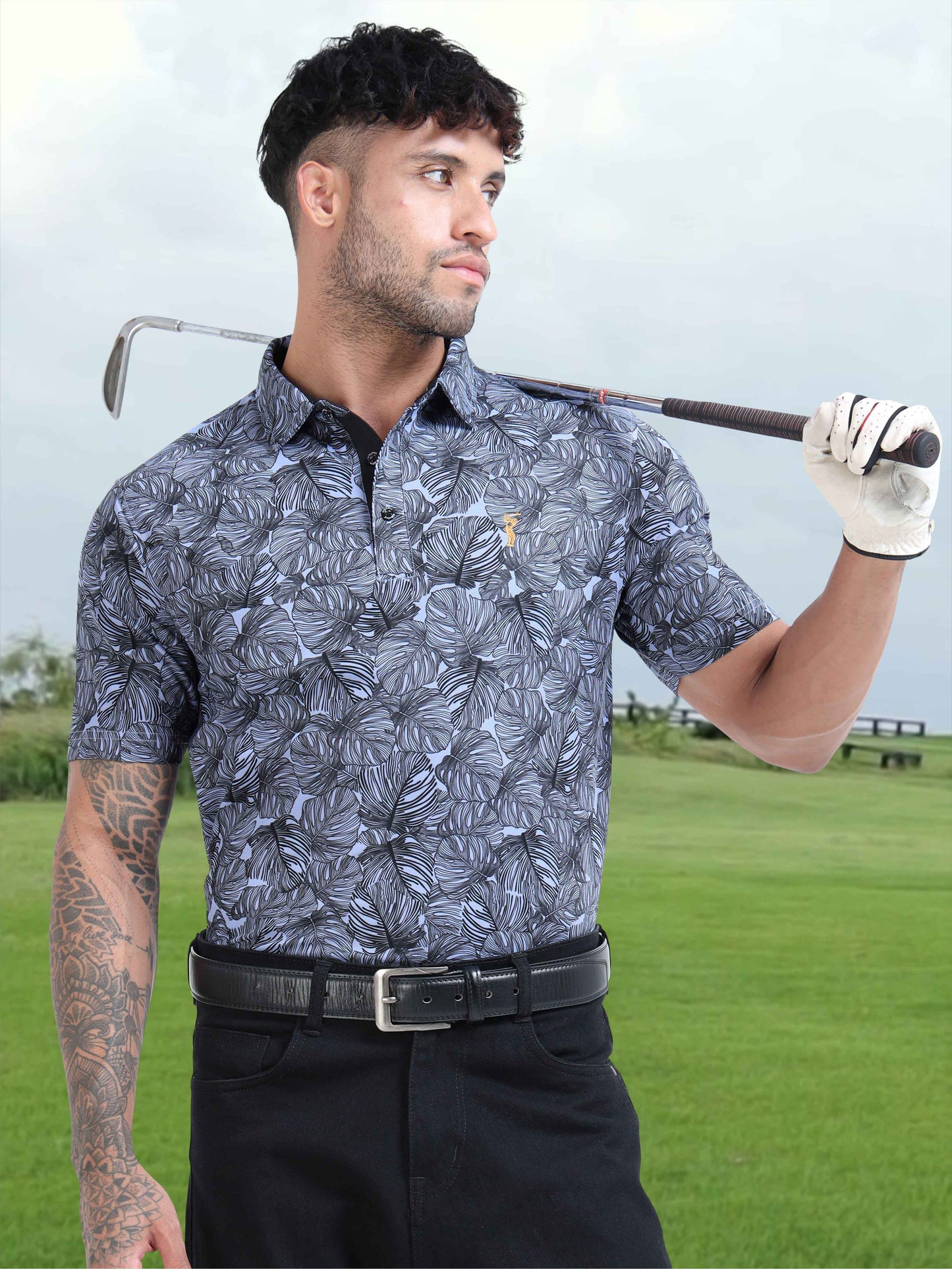 Purple Leaf Printed Polo T Shirt for Men