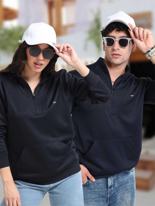 Unisex Half Zipper Sweatshirts - Navy Blue | Regular Fit | Feather Touch Feel | Warm |