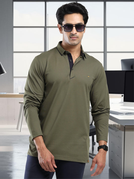 Men's Full Sleeve Soft Berry PQ Polo T-Shirt- Olive Green