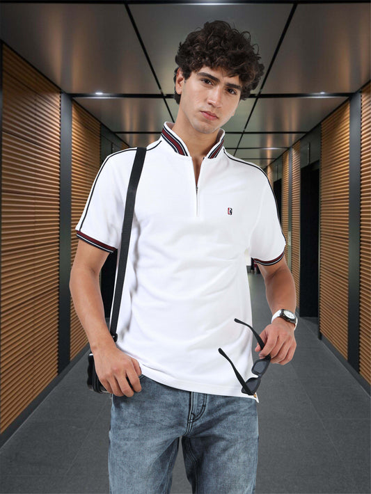 STELLERS Men's Zipper Chinese Collar Polo T-Shirt - White | Premium Cotton | Stretchable | Feather Touch Feel | Breathable | Light Weight