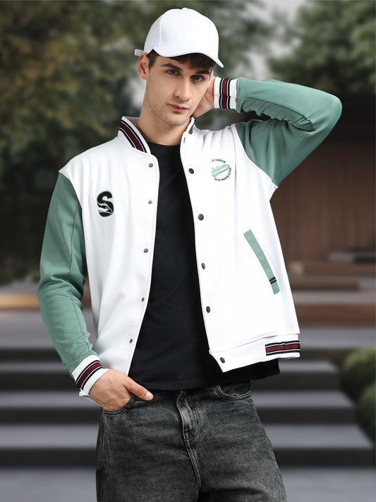 Men Varsity Jacket White & Green | Regular Fit | Feather Touch Feel | Warm |