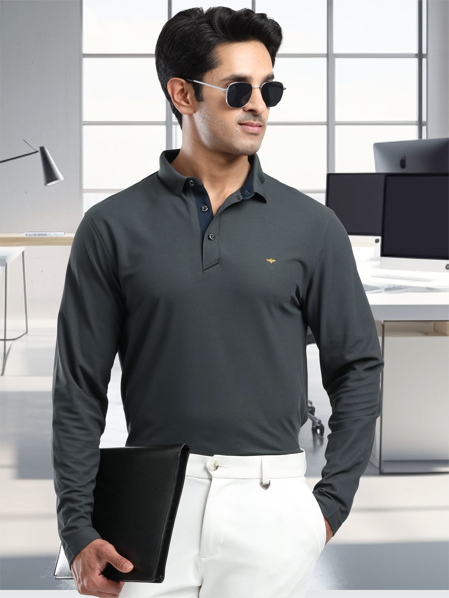 Men's Dark Grey Full Sleeve Polo T-Shirt