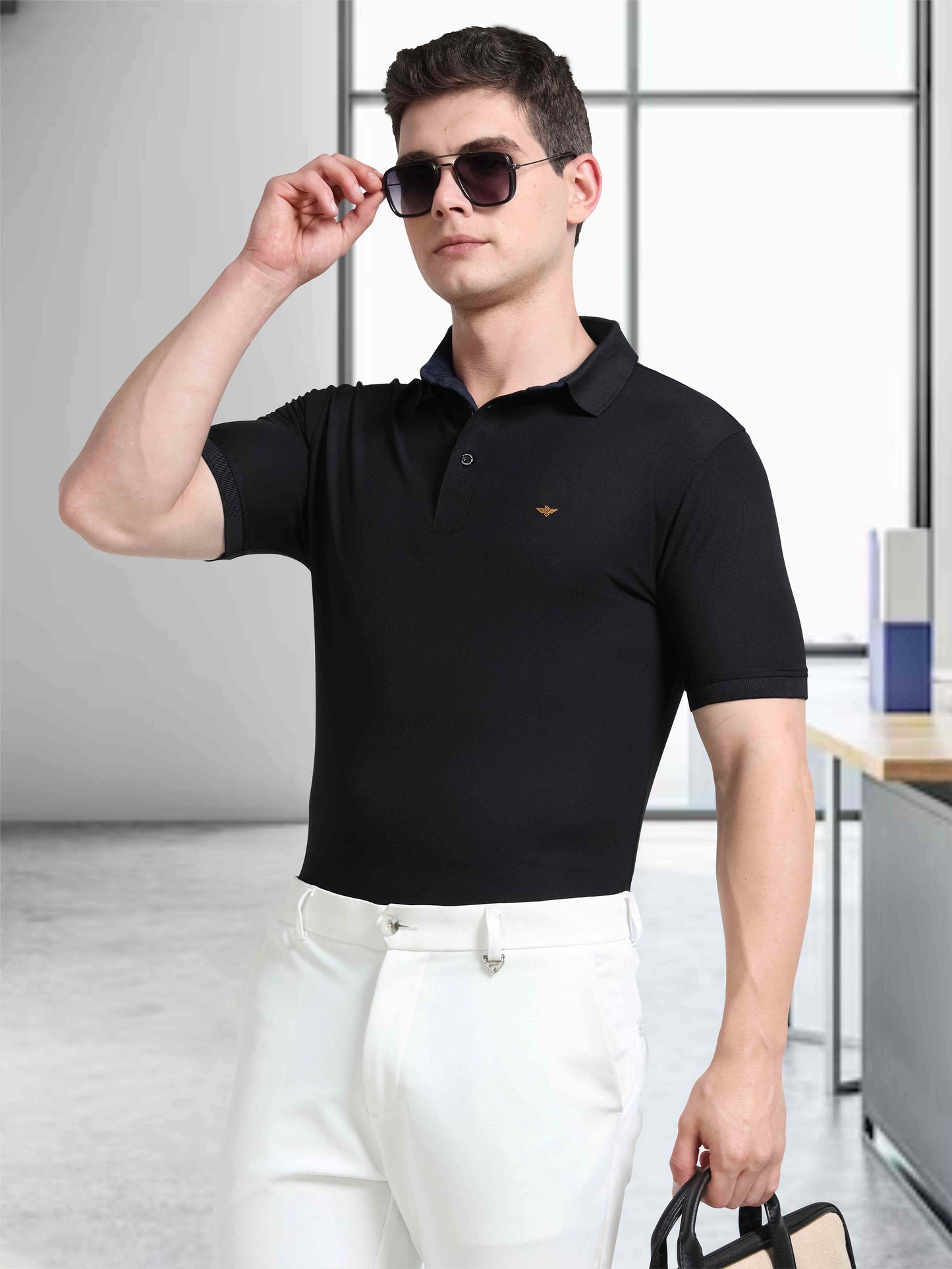 Men Black Premium Polo T-Shirt | Quick Dry | Stretchable | UV Protected | Wrinkle & Odour-Free