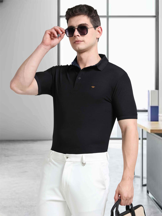 Men Black Premium Polo T-Shirt | Quick Dry | Stretchable | UV Protected | Wrinkle & Odour-Free