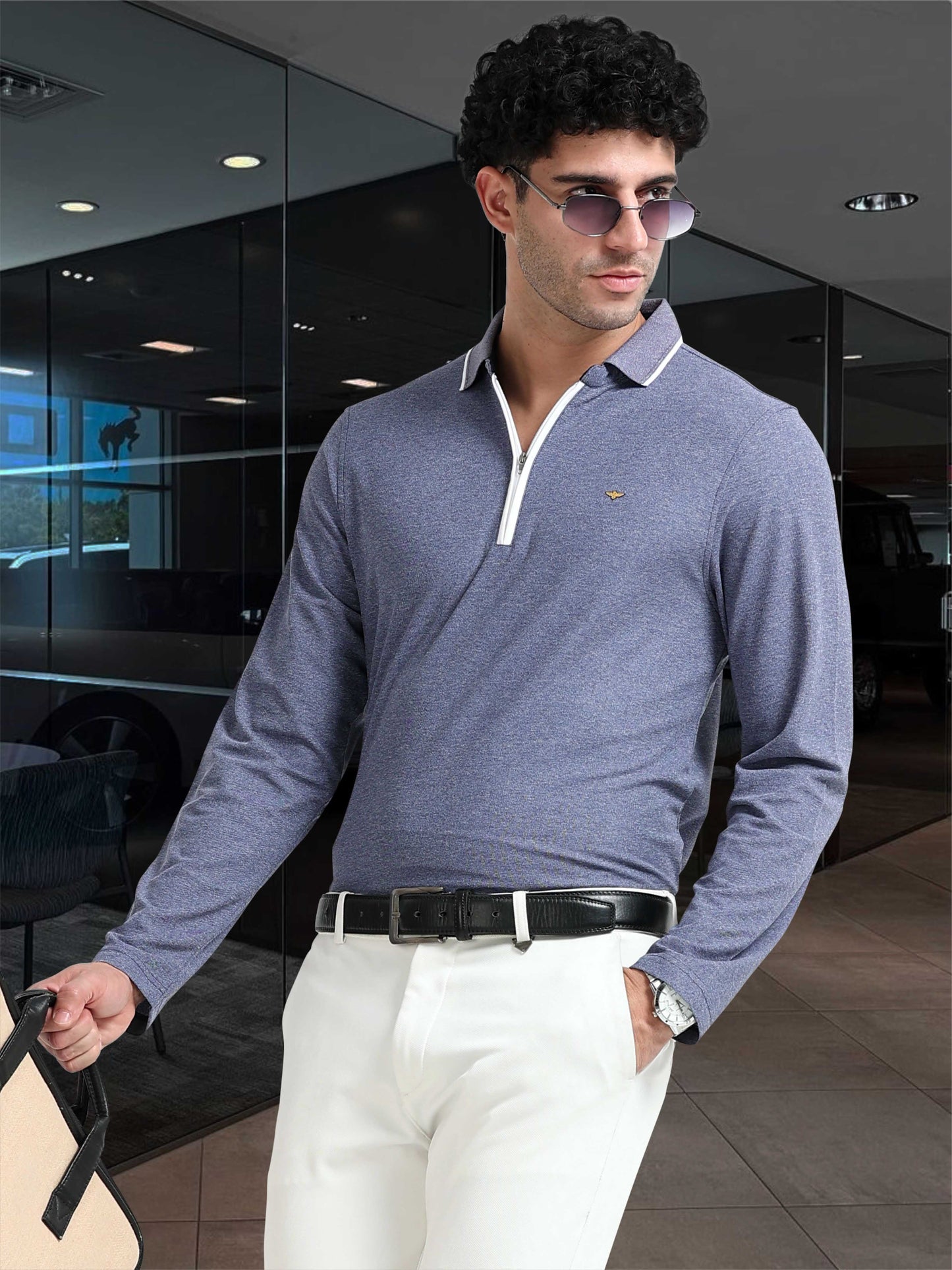 Navy Blue Melange Zipper Full Sleeve Polo Tshirt For Men