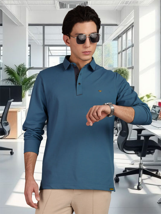 Men's Full Sleeve Soft Berry PQ Polo T shirt  - Teal Blue