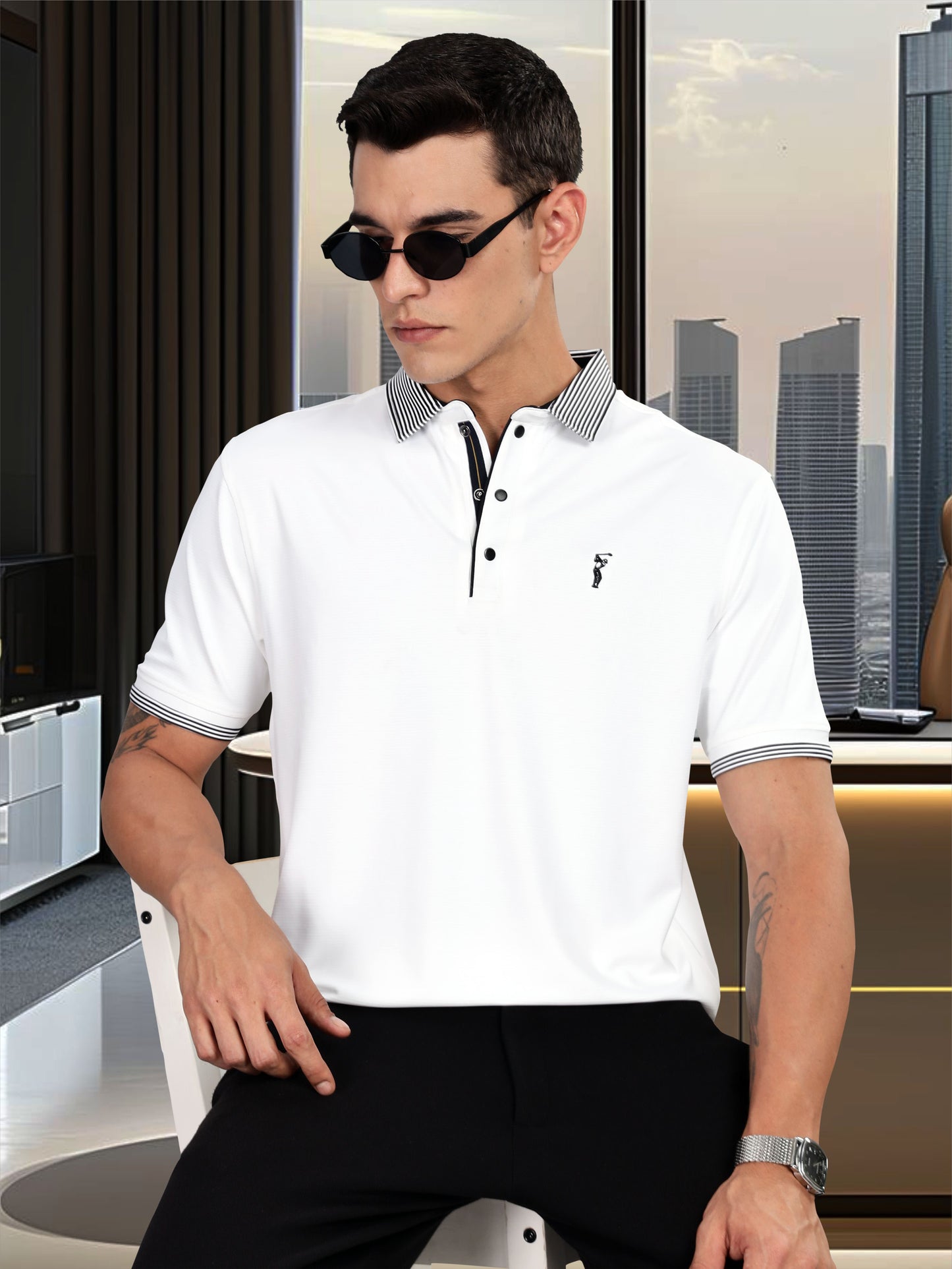 Men Premium Ultra Stripes Polo T-Shirt - White | Feather Touch Feel | Light Weight | Stretchable | Sustainable