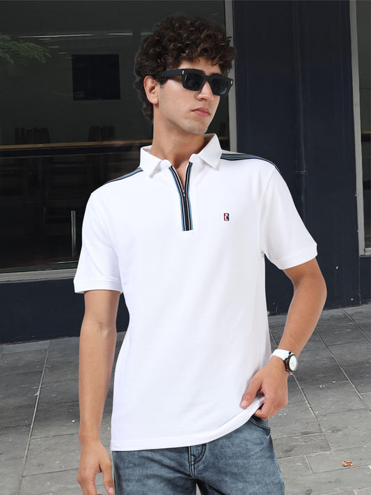 STELLERS Men's Zipper Polo T-Shirt - White | Premium Cotton | Stretchable | Feather Touch Feel | Breathable | Light Weight