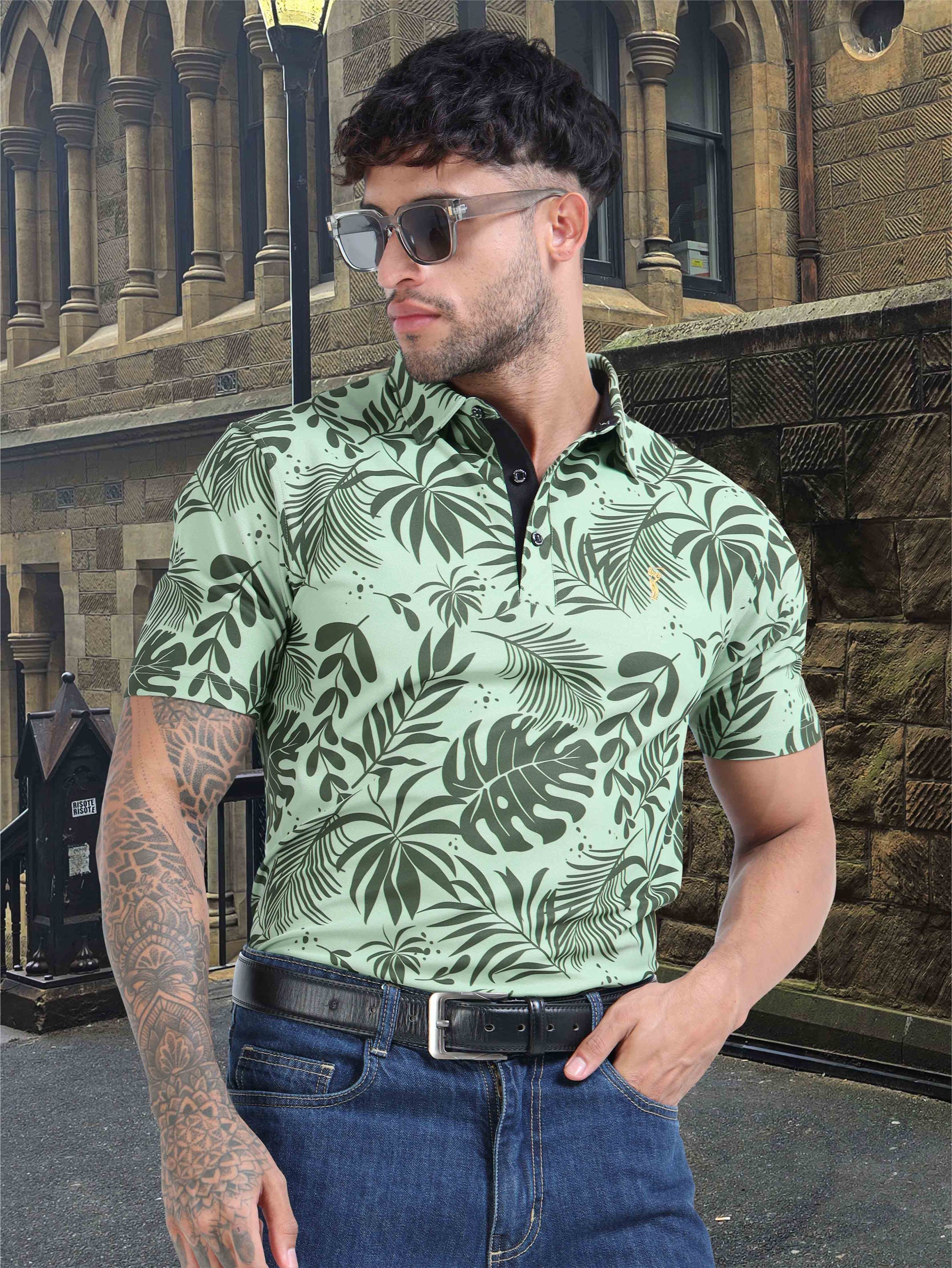 Green Leaf Printed Polo T Shirt for Men 