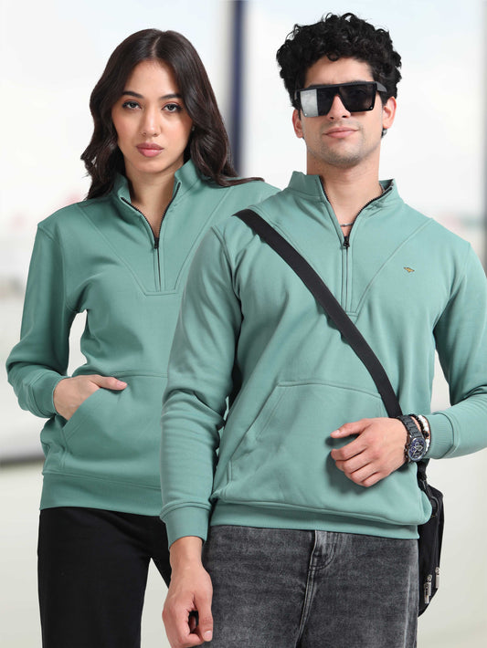Unisex Half Zipper Sweatshirts - Green | Regular Fit | Feather Touch Feel | Warm |