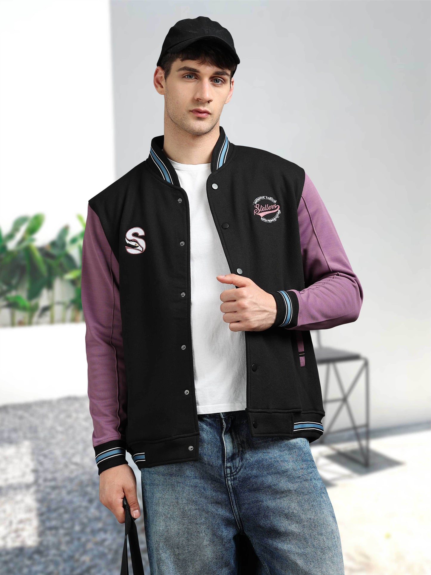 Men Varsity Jacket Black & Purple | Regular Fit | Feather Touch Feel | Warm |