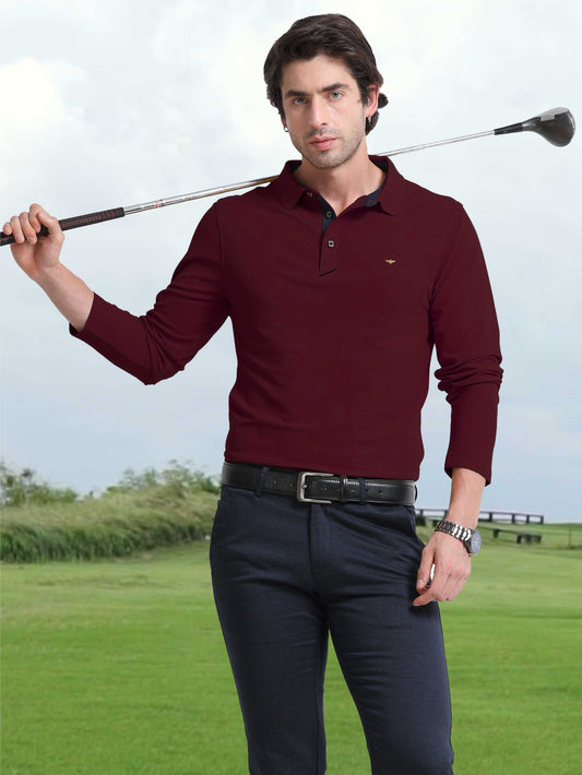 Men's Full Sleeve Polo T-Shirt - Maroon | Feather Touch Feel | Odour Resistant | Wrinkle Free | Quick Dry | Stretchable | Anti-Static | UV Resistance |