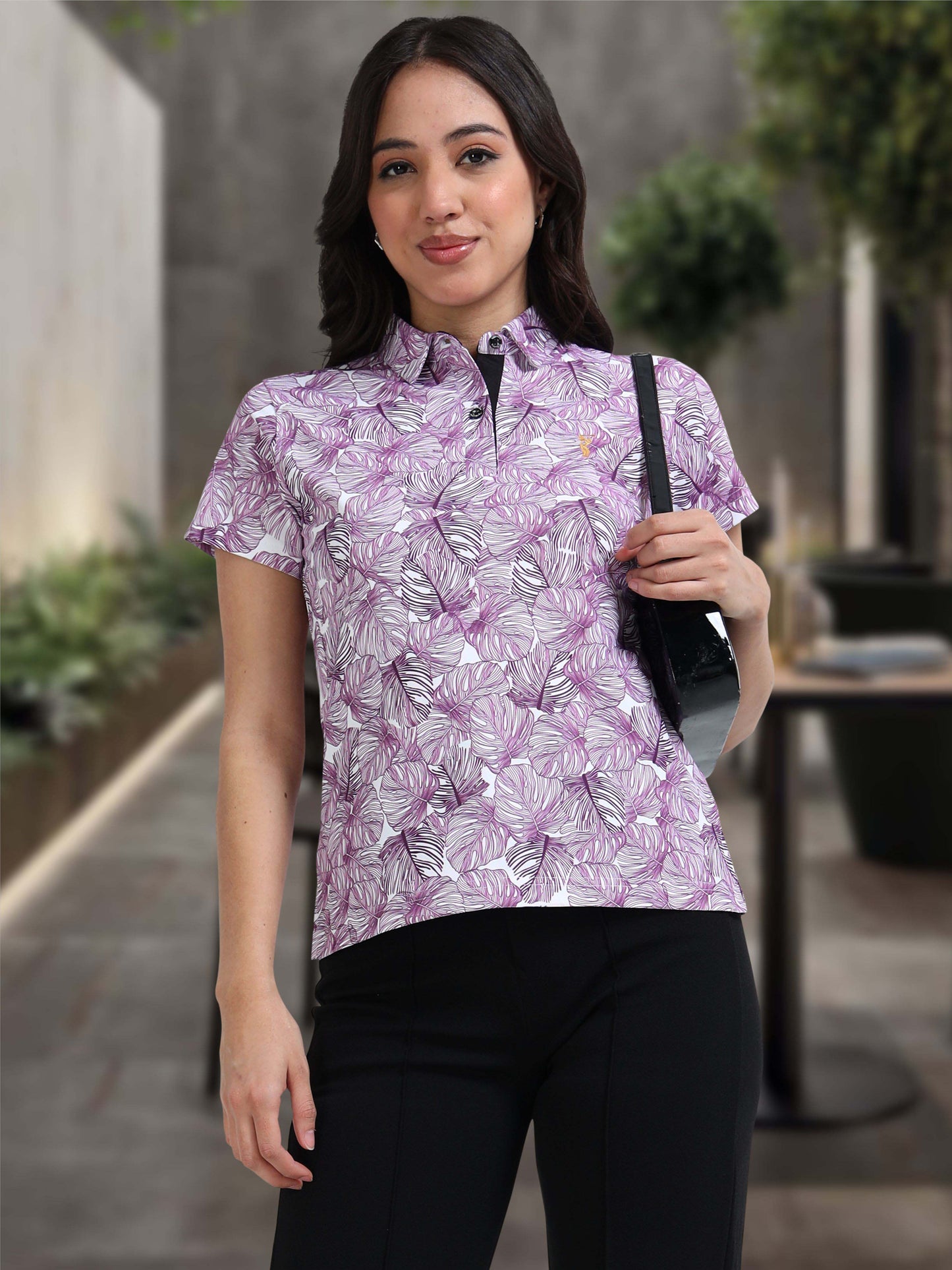 White Monstera Leaf Printed Polo T Shirt for Women