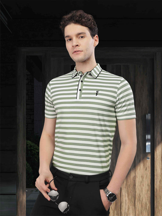Green Men's Stripes Polo T-Shirt | Quick Dry | Stretchable | UV Protected | Wrinkle & Odour-Free
