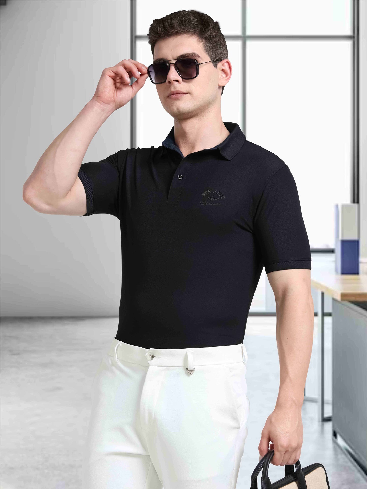 Men Black Classic Golf Polo T-Shirt | Quick Dry | Stretchable | UV Protected | Wrinkle & Odour-Free