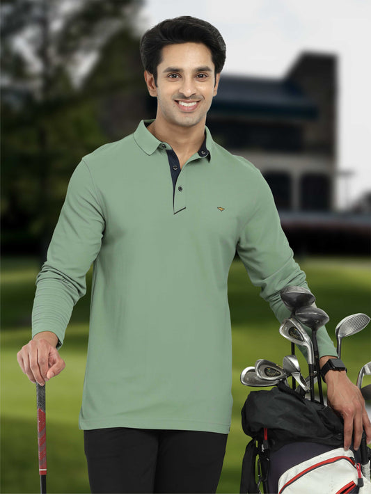 Men's Full Sleeve Polo T-Shirt - Misty Green | Feather Touch Feel | Odour Resistant | Wrinkle Free | Quick Dry | Stretchable | Anti-Static | UV Resistance |