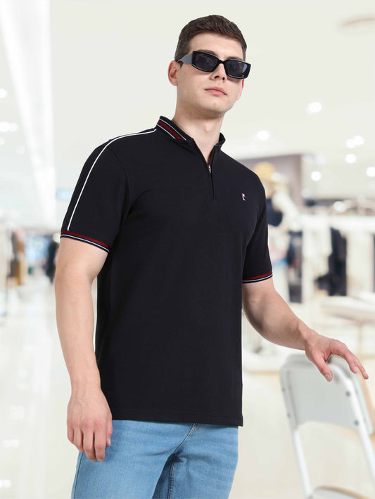 Men Black Chinese Collar Premium Cotton Polo T-shirt  | Stretchable   |  Feather touch feel  |  Sustainable  |  Breathable | Light Weight