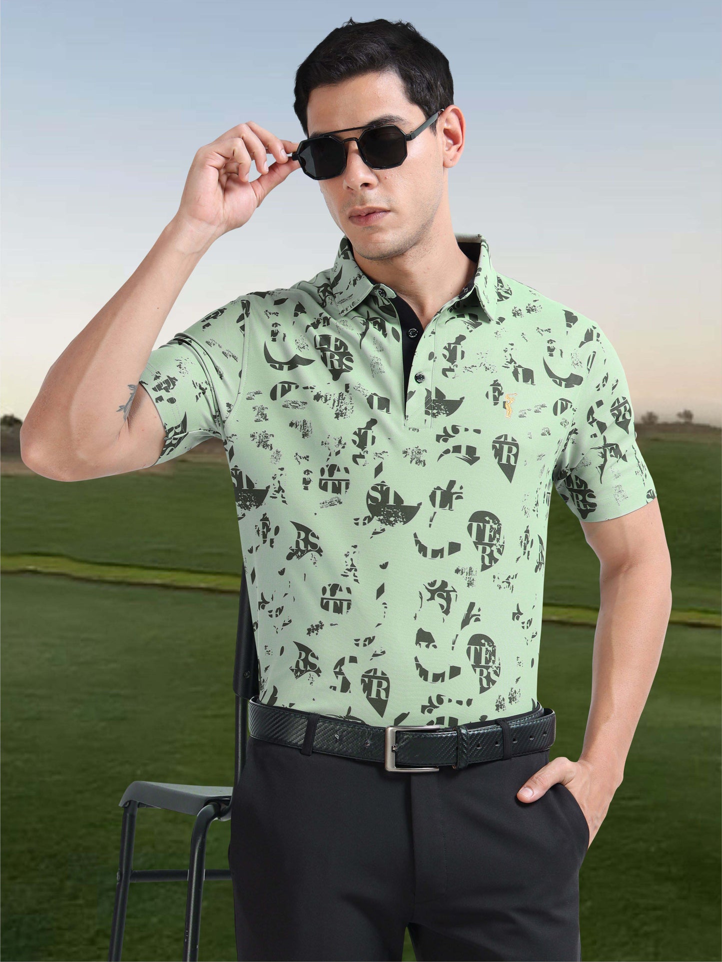 Camstel Green Printed Polo T Shirt for Men 